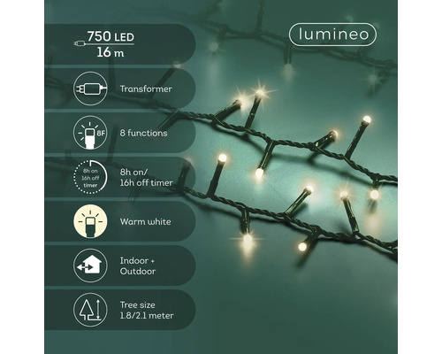 Lumineo Logo. LED-lichtsnoer met 750 warmwitte leds, 16 meter, transformator, 8 functies, timer, binnen en buiten, boommaat 1,8 tot 2,1 meter.