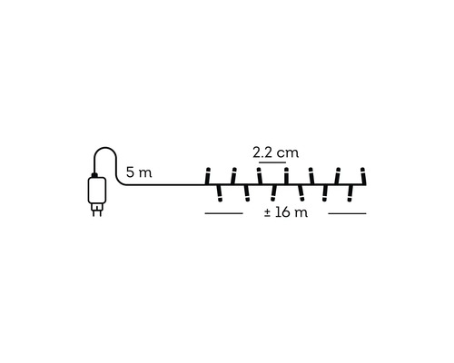 Maatschets van het lichtsnoer met 5 meter aanloopsnoer, 2,2 centimeter lampafstand en circa 16 meter totale lengte.