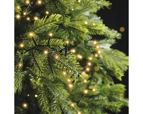 Detailopname van een groene kerstboom met een warmwit lichtsnoer tussen de takken.