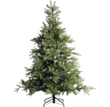 Kunstkerstboom met geïntegreerde LED-verlichting en zwarte metalen standaard.