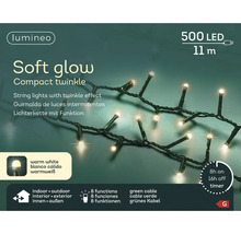 Lumineo LED-verlichting Soft Glow Compact Twinkle, 500 warmwitte LEDs, 11 meter, groene kabel, 8 functies, timer, voor binnen en buiten.
