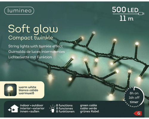 Lumineo LED-verlichting Soft Glow Compact Twinkle, 500 warmwitte LEDs, 11 meter, groene kabel, 8 functies, timer, voor binnen en buiten.