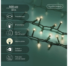 Lumineo Logo. Led-lichtsnoer 500 warmwitte lichtjes, 11 meter. Transformator, 8 functies, timer, binnen en buiten. Boom 1,5 tot 1,8 meter.