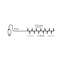 Maattekening lichtsnoer met 5 meter aanloopsnoer, circa 11 meter verlichte lengte en 2,2 centimeter lampafstand.