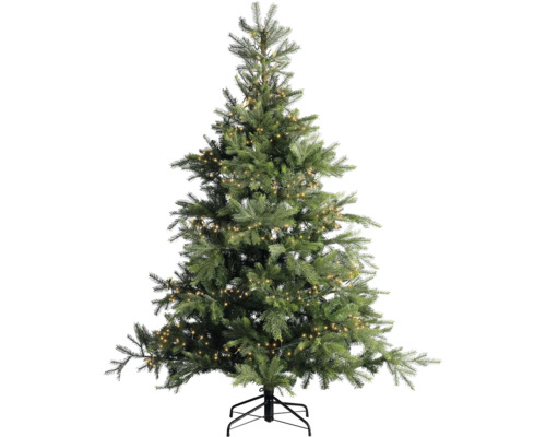 Kunstkerstboom met geïntegreerde ledverlichting en zwarte metalen standaard.