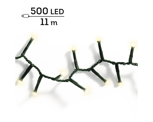 LED lichtsnoer met 500 warmwitte lampjes over een lengte van 11 meter met groen snoer.