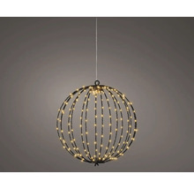 Hangende LED-lichtbol met warmwitte diodes op zwarte metalen staven.