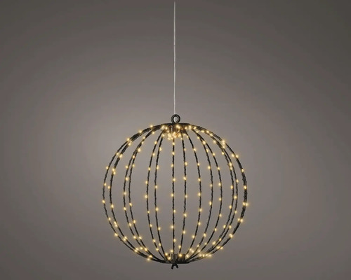 Hangende LED-lichtbol met warmwitte diodes op zwarte metalen staven.