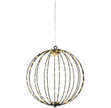 Hangende LED-lichtbol decoratie met warmwitte lichtjes aan een zwart metalen frame.