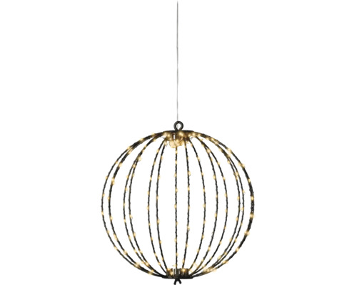 Hangende LED-lichtbol decoratie met warmwitte lichtjes aan een zwart metalen frame.