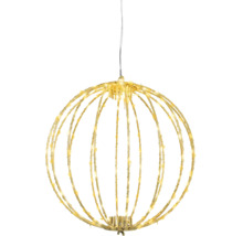 Goudkleurige LED-decoratiebol van metaal met geïntegreerde lichtslinger om op te hangen.