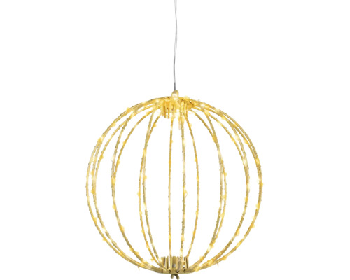 Goudkleurige LED-decoratiebol van metaal met geïntegreerde lichtslinger om op te hangen.