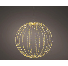 Hangende led-lichtbol met warmwitte lichtpuntjes en metalen frame voor binnen- en buitendecoratie.