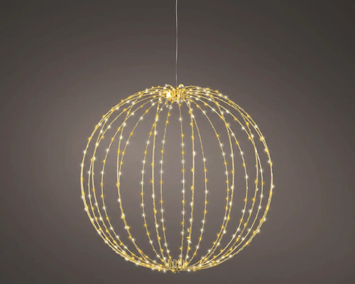 Hangende led-lichtbol met warmwitte lichtpuntjes en metalen frame voor binnen- en buitendecoratie.