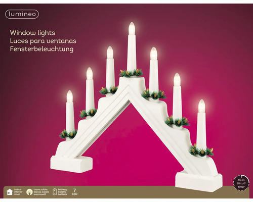 Lumineo LED kaarsenboog met 7 kaarsen, wit, warm wit licht, voor binnen, batterijvoeding en 6-uurs timer.