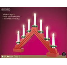 Rode LED-kandelaar van hout met 7 kaarsen, warm wit licht, werkt op batterijen en met timer, voor binnenshuis.
