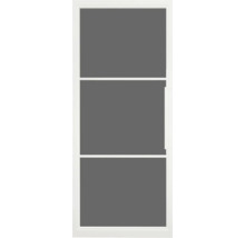 Hordeur met een wit aluminium frame, drie panelen en een deurgreep aan de zijkant.