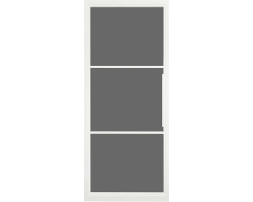 Hordeur met een wit aluminium frame, drie panelen en een deurgreep aan de zijkant.