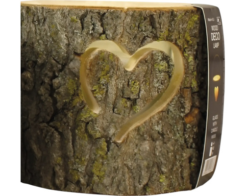 Houten decoratieve lamp met hartvormige uitsnede van natuurlijk hout met boomschors.