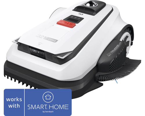 Robotmaaier met kantentrimmer en camerasensor, SMART HOME by hornbach Logo.