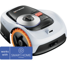Segway Navimow robotmaaier met oranje wielen, instelknop, camera en Smart Home by Hornbach Logo.