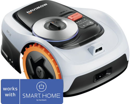 Segway Navimow robotmaaier met oranje wielen, instelknop, camera en Smart Home by Hornbach Logo.