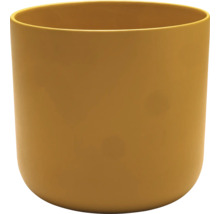Cilindrische bloempot in mosterdgeel met een matte afwerking.