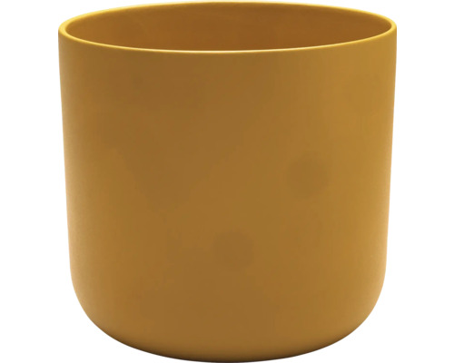 Cilindrische bloempot in mosterdgeel met een matte afwerking.