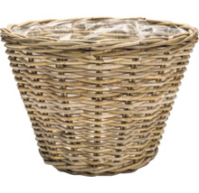 Ronde plantenmand van gevlochten riet met plastic binnenvoering, conische vorm.