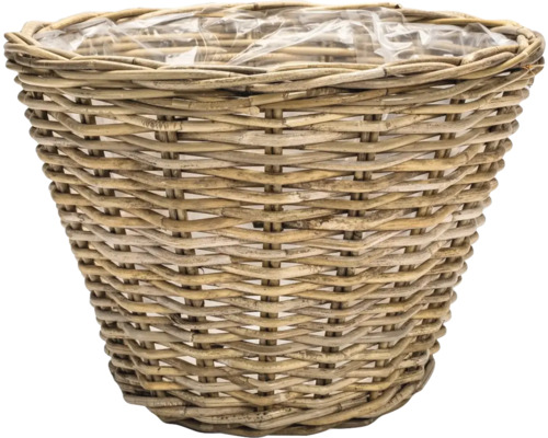 Ronde plantenmand van gevlochten riet met plastic binnenvoering, conische vorm.