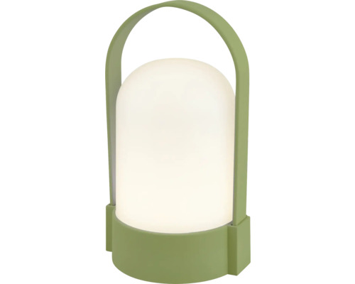 Draagbare LED-tafellamp met groene voet en draagbeugel.