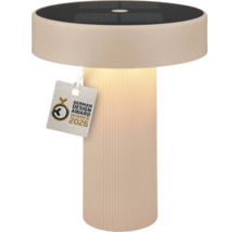 Moderne beige solar tafellamp met een geribbelde voet en geïntegreerd zonnepaneel, winnaar van de German Design Award 2026.