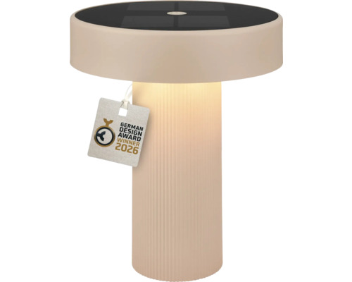 Moderne beige solar tafellamp met een geribbelde voet en geïntegreerd zonnepaneel, winnaar van de German Design Award 2026.