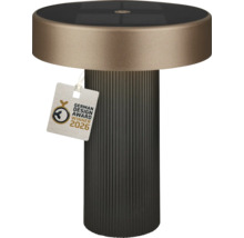 Moderne solar tafellamp met geribbelde voet, platte ronde kap, geïntegreerd zonnepaneel en German Design Award Winner 2026.