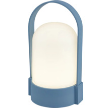 Draagbare LED-tafellamp met blauwe handgreep en voet en witte, matte kunststof kap.