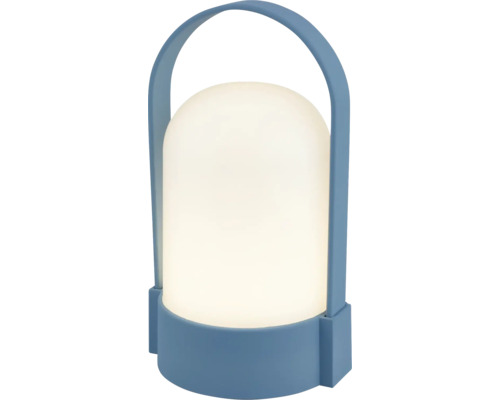 Draagbare LED-tafellamp met blauwe handgreep en voet en witte, matte kunststof kap.