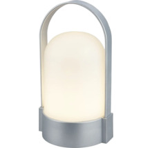 Draagbare led-tafellamp met witte kunststof diffuser en zilveren metalen handgreep.