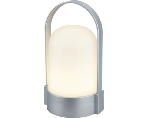 Draagbare led-tafellamp met witte kunststof diffuser en zilveren metalen handgreep.