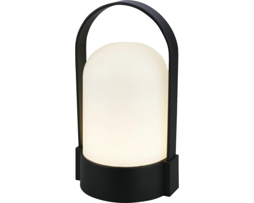 Moderne draagbare tafellamp met een zwarte voet en handgreep en een witte, lichtdoorlatende koepel.