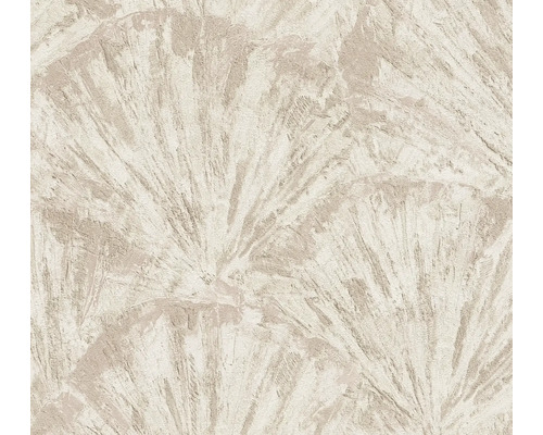 Vliesbehang met waaiervormig bladpatroon en gestructureerd oppervlak.