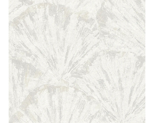 Vliesbehang met waaiervormig patroon en gestructureerd oppervlak in wit en grijs.