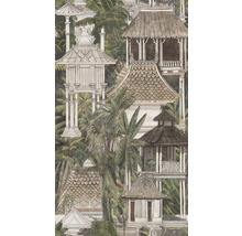 Vliesbehang met Aziatische tempels, pagodes en paviljoens te midden van een dicht landschap van tropische palmbomen.