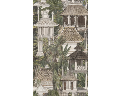 Vliesbehang met Aziatische tempels, pagodes en paviljoens te midden van een dicht landschap van tropische palmbomen.