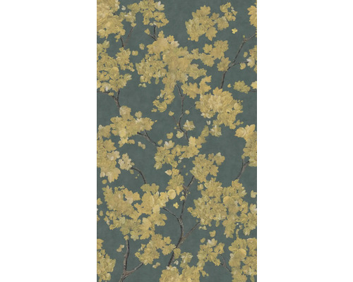 Vliesbehang met floraal patroon, gele bloesems aan takken in schilderachtige stijl.