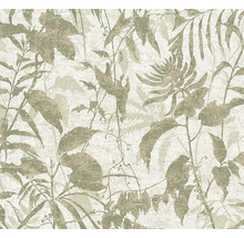 Behang met botanisch patroon van bladeren en bloemen met gestructureerd oppervlak.