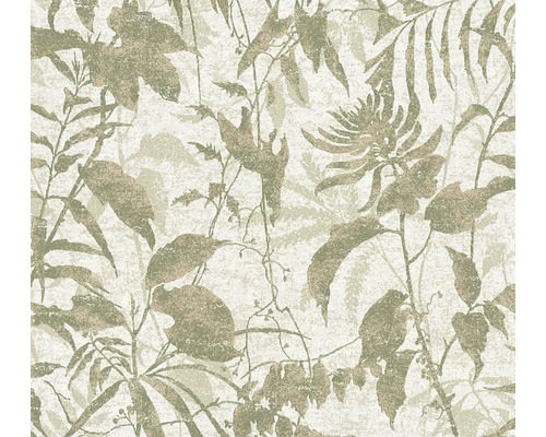 Behang met botanisch patroon van bladeren en bloemen met gestructureerd oppervlak.