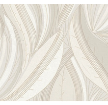Vliesbehang met groot bladerpatroon en fijne lijnstructuur in beige en grijs