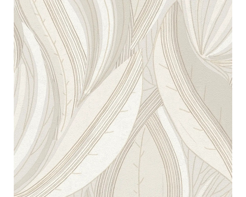 Vliesbehang met groot bladerpatroon en fijne lijnstructuur in beige en grijs