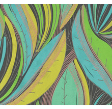 Modern behang met botanisch patroon van grote, gestileerde bladeren en lineaire texturen.
