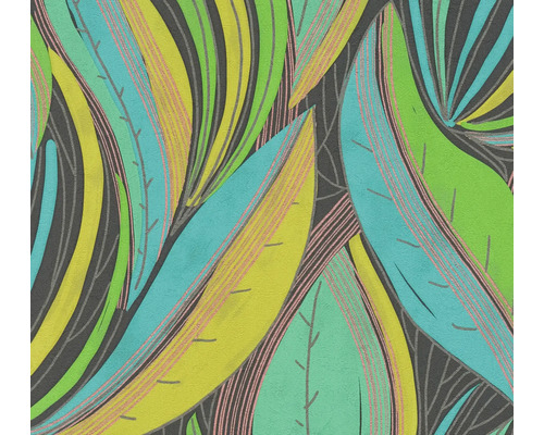 Modern behang met botanisch patroon van grote, gestileerde bladeren en lineaire texturen.